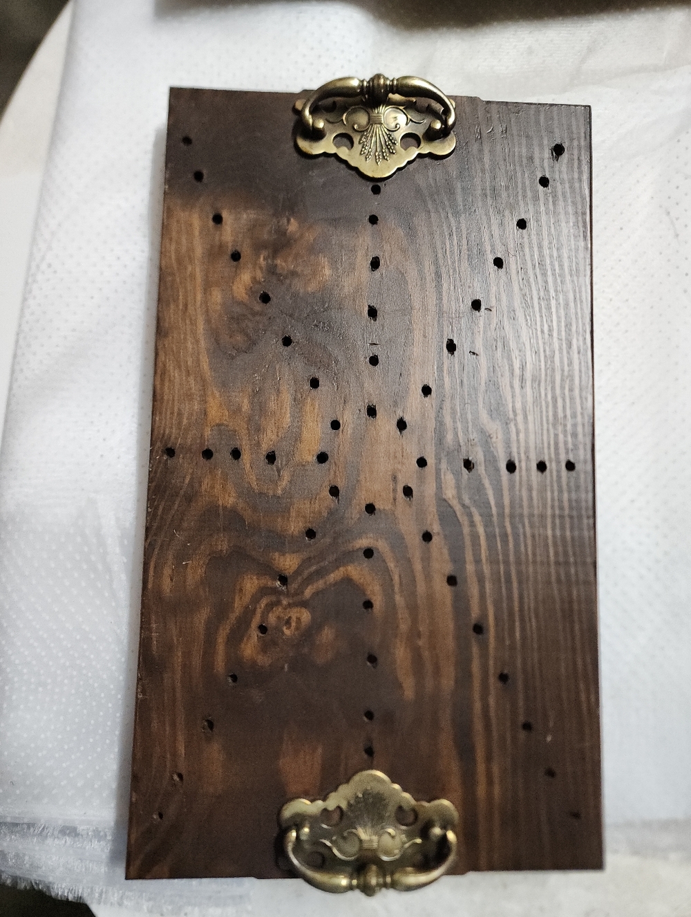 Game Board In Dark Brown Wood with Holes Pegs Or Game Pieces Brass Handles